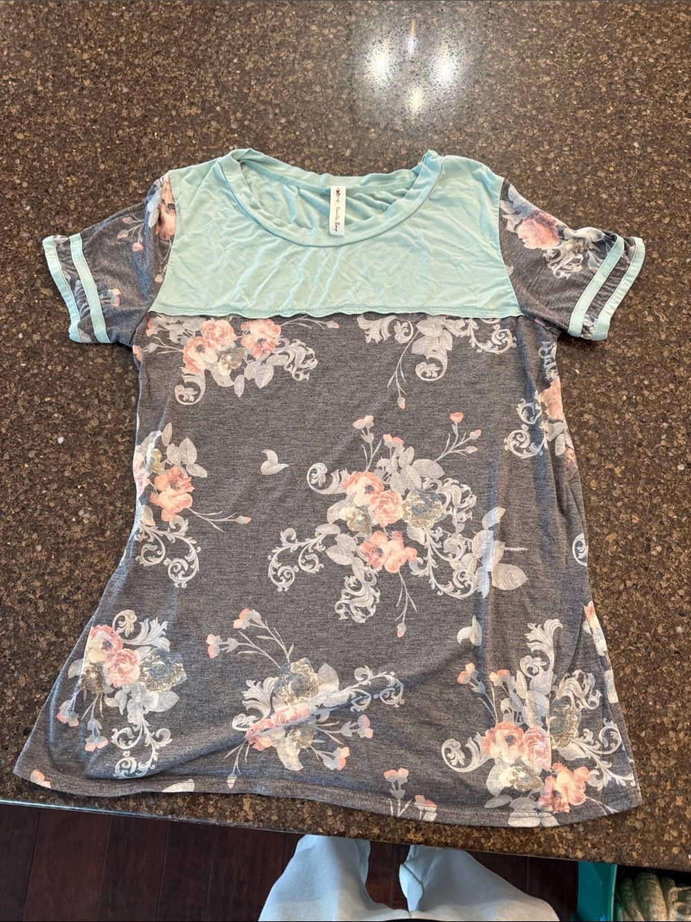 Vanilla Bay Gray Floral Short Sleeve Tee with Mint Yoke
